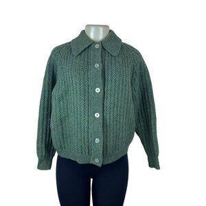 Scotch Wool Shop Women's Green Wool Button-Up Cardigan Sweater Long Sleeve Sz 38